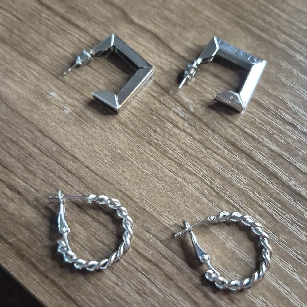 ♡♡♡ 2 Pair Silver Geometric Twisted Hoop Earrings  | Stocking Stuffers 202